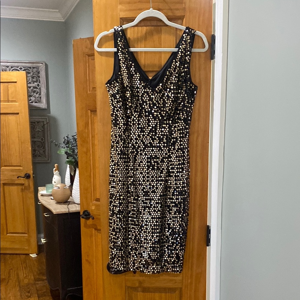 AB Studio Black and Gold Sequin Embellished Mini Dress